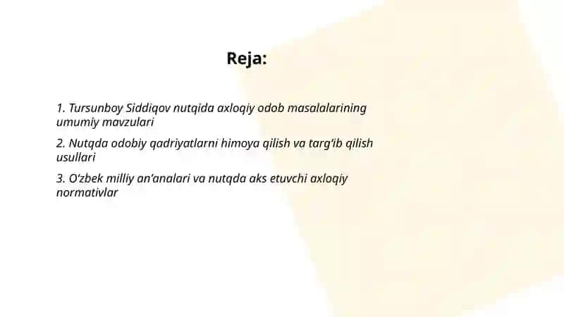 Tursunboy Siddiqov nutqida axloqiy-odob masalalarining umumiy mavzulari 2