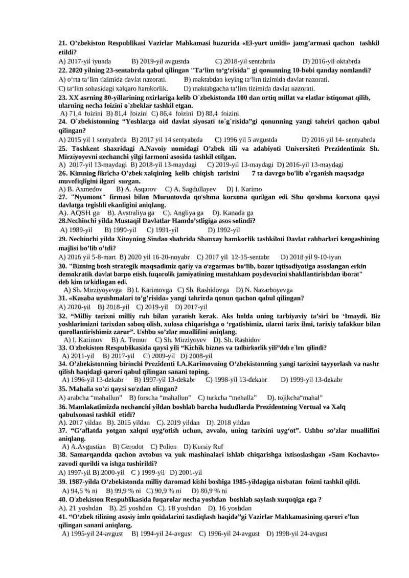 O’ZBEKISTONNING ENG YANGI TARIXI FANIDAN TESTLAR TO’PLAMI 2