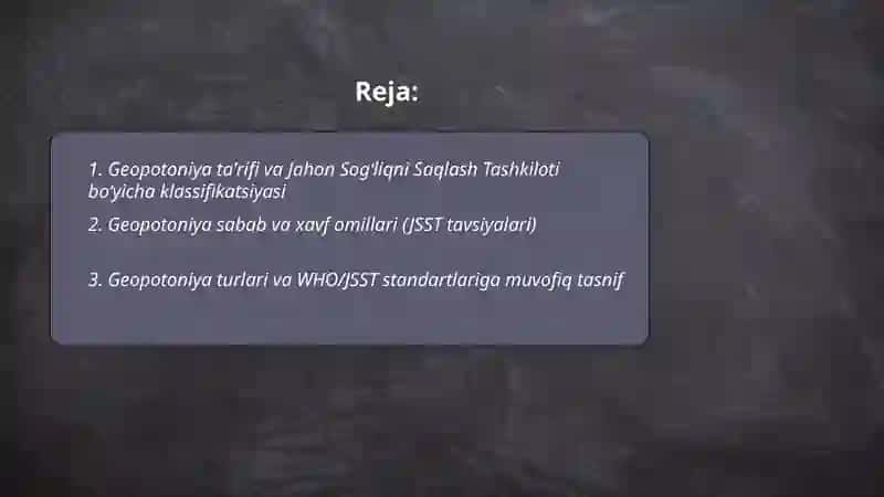 Geopotoniya kasalliklarininig jahon sogʻliqni saqlash tashkiloti boʻyicha va simptomlari bemorlarga birinchi yordam koʻrsatish (by Nazarova Feruza) 2