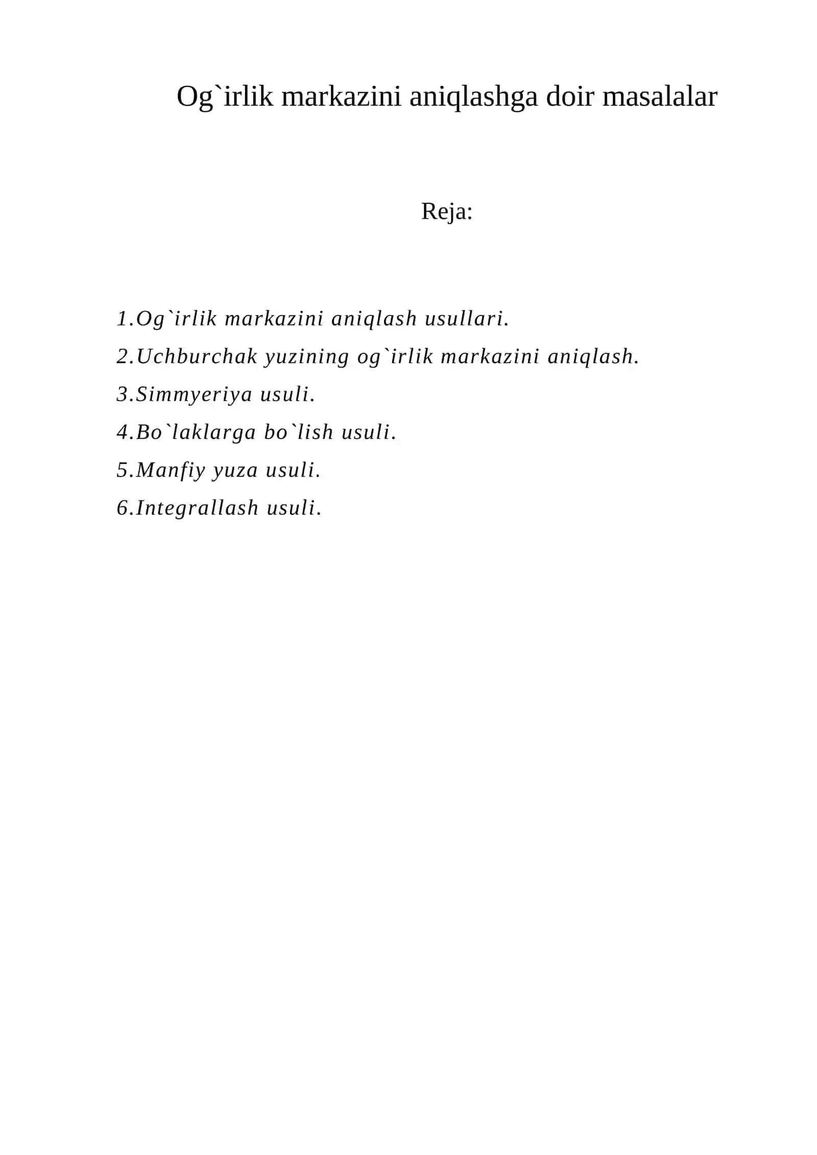 Og`irlik markazini aniqlashga doir masalalar 2