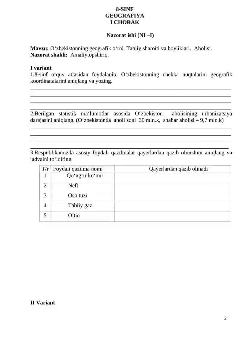 geogrfiyadan nazorat ishi daftari 2