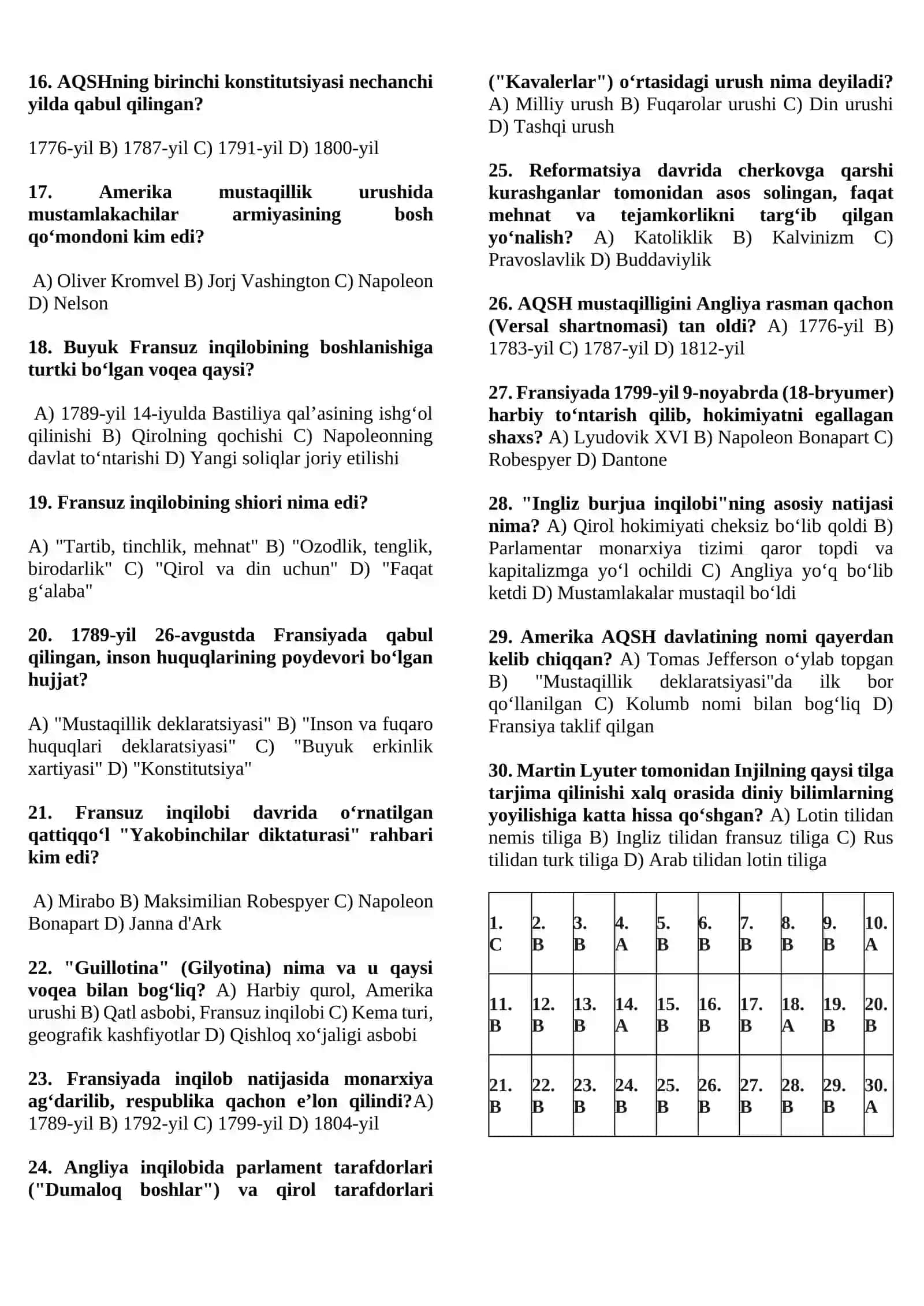 Islohotlar, Monarxiya va Inqiloblar (30 talik Blok Test) 2