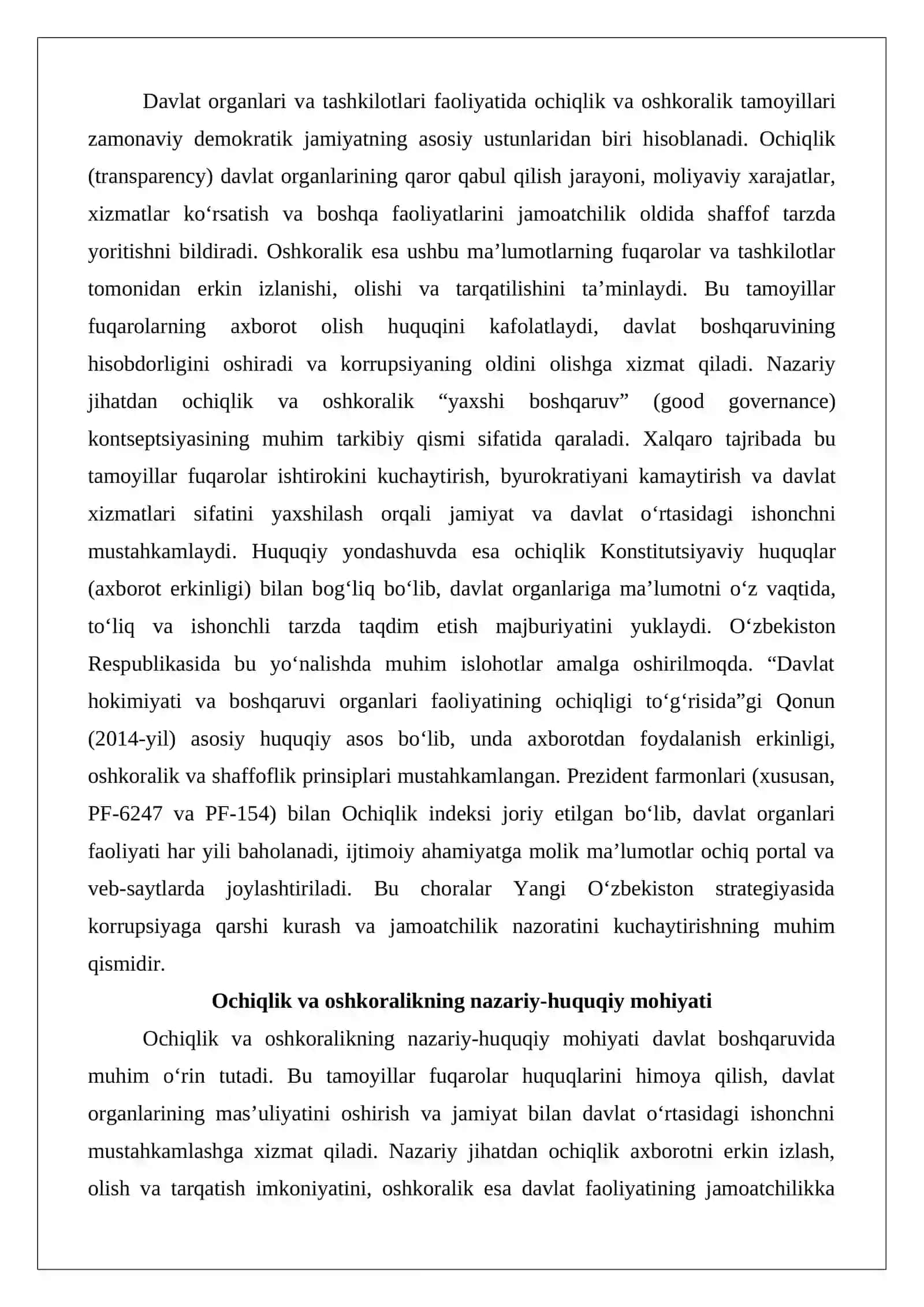 Davlat organlari va tashkilotlari faoliyatida ochiqlik va oshkoralik: nazariy-huquqiy yondashuv 2
