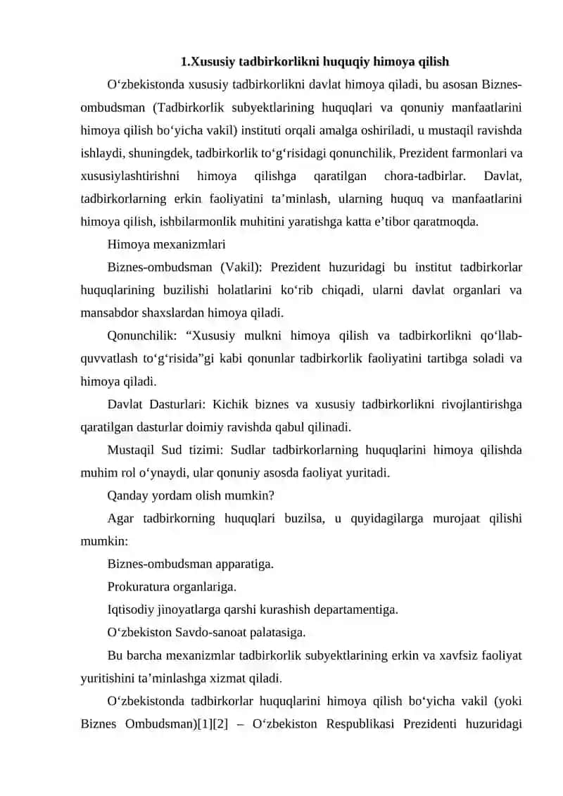 O‘ZBEKISTONDA XUSUSIY TADBIRKORLIKNING DAVLAT TOMONIDAN HIMOYA QILINISHI 2