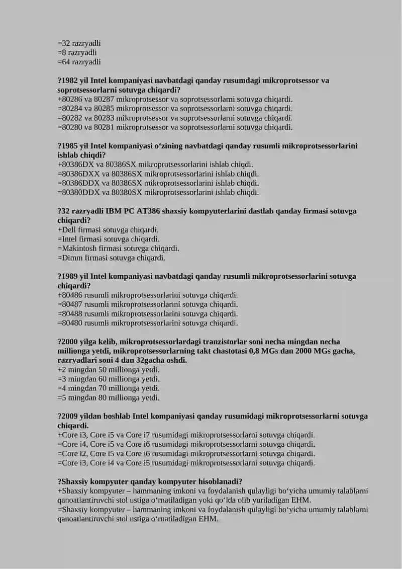 Kompyuter ta'minoti fanidan testlar 2