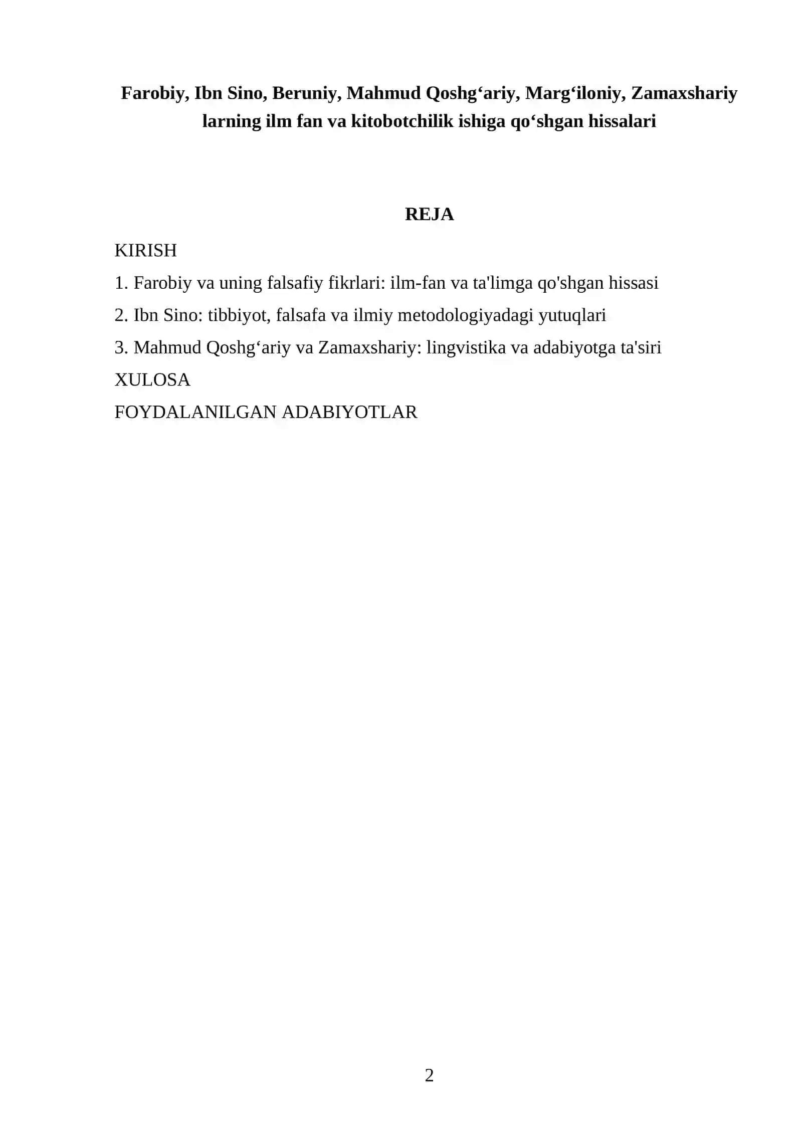 Referat on Farobiy, Ibn Sino, Beruniy, Mahmud Qoshgʻariy, Margʻiloniy, Zamaxshariy 2