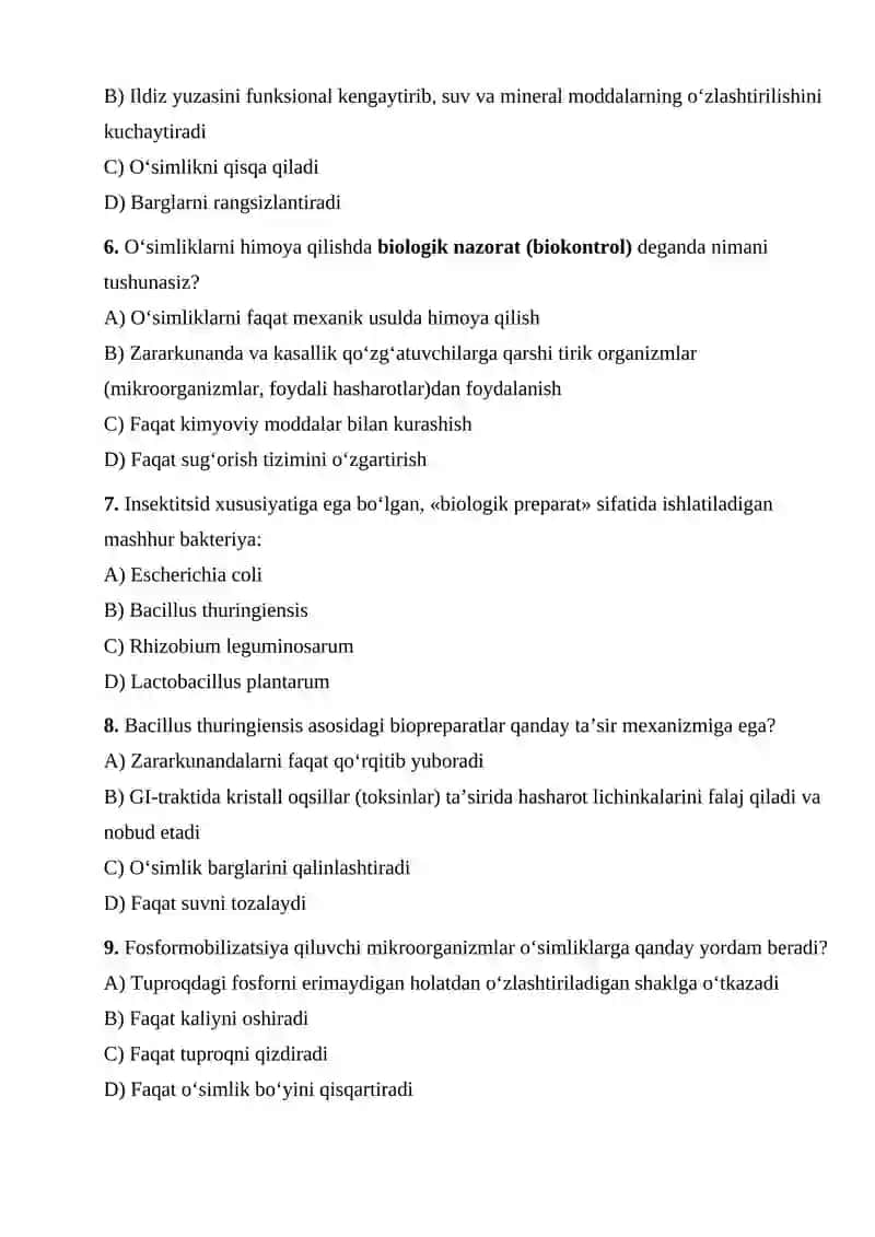 Mikroorganizmlarning_qishloq_xo'jaligi_va_o'simliklarni_himoya_qilishda. mavzusiga testlar 2