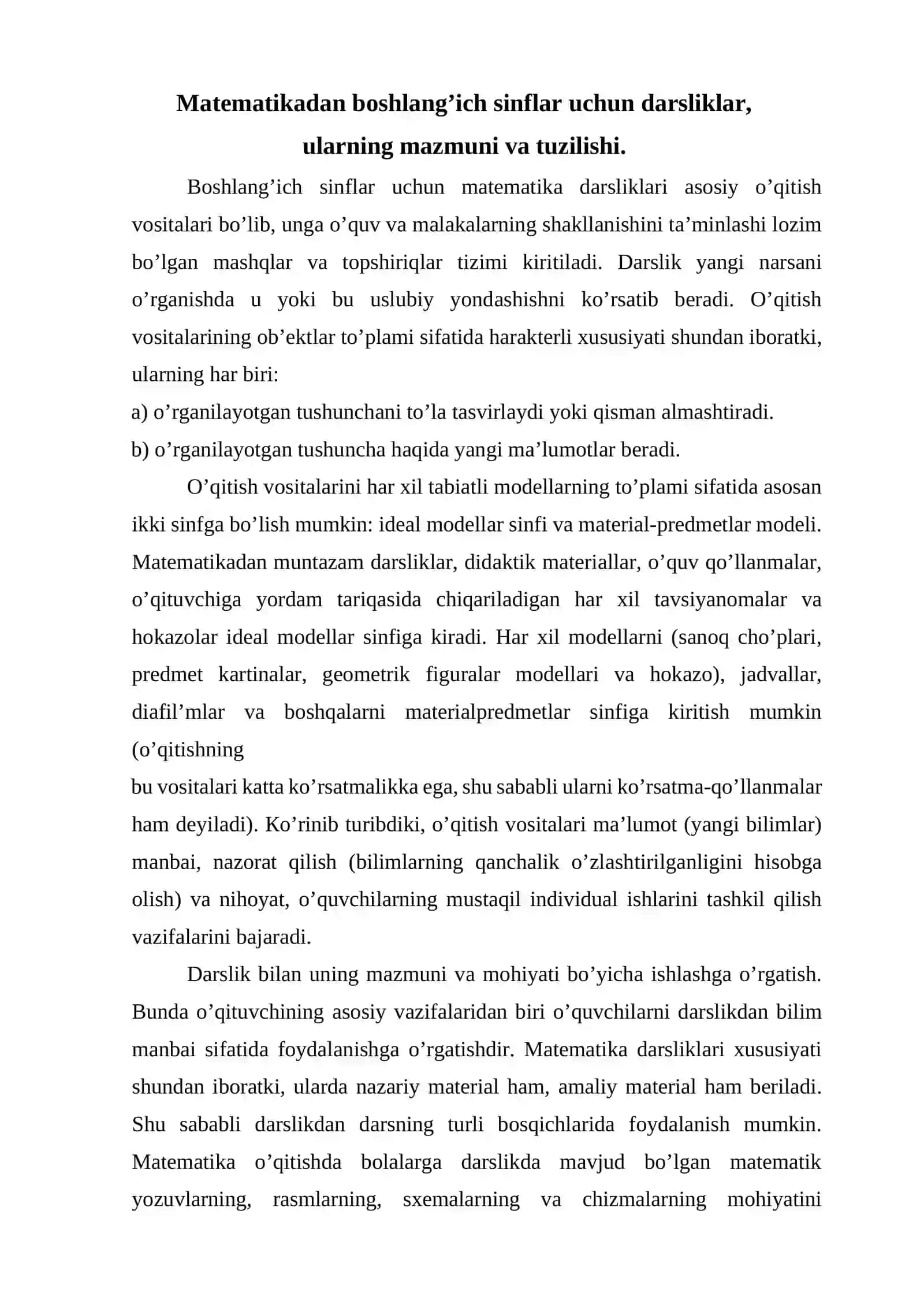 Boshlang’ich sinfda matematika darslarida qo’llaniladigan o’quv vositalari va ularning vazifalari 2