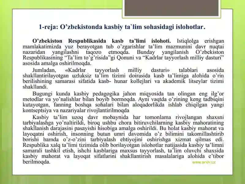 Kasbiy ta`lim sohasidagi islohotlar va yangi pedagogik texnologiyalar zaruriyati 2