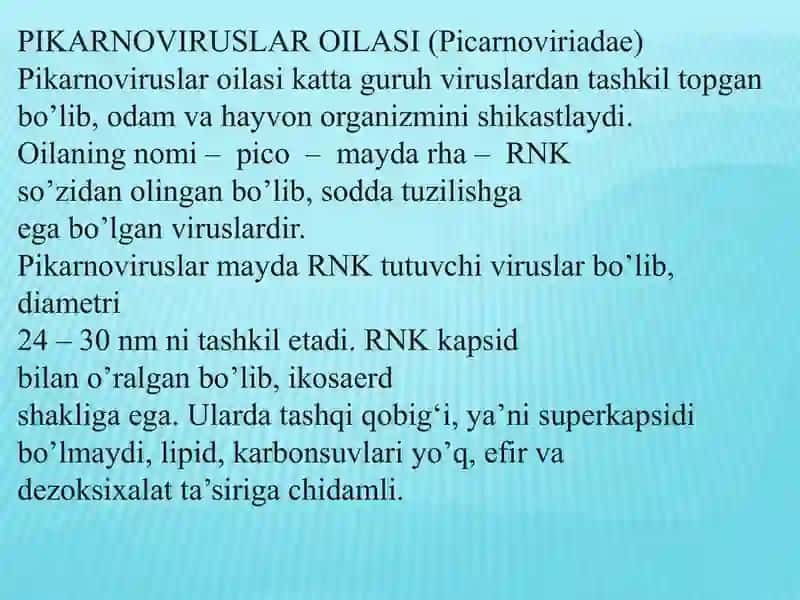Pikarnoviruslar, ularga tavsif va laborator tashxisi. 2