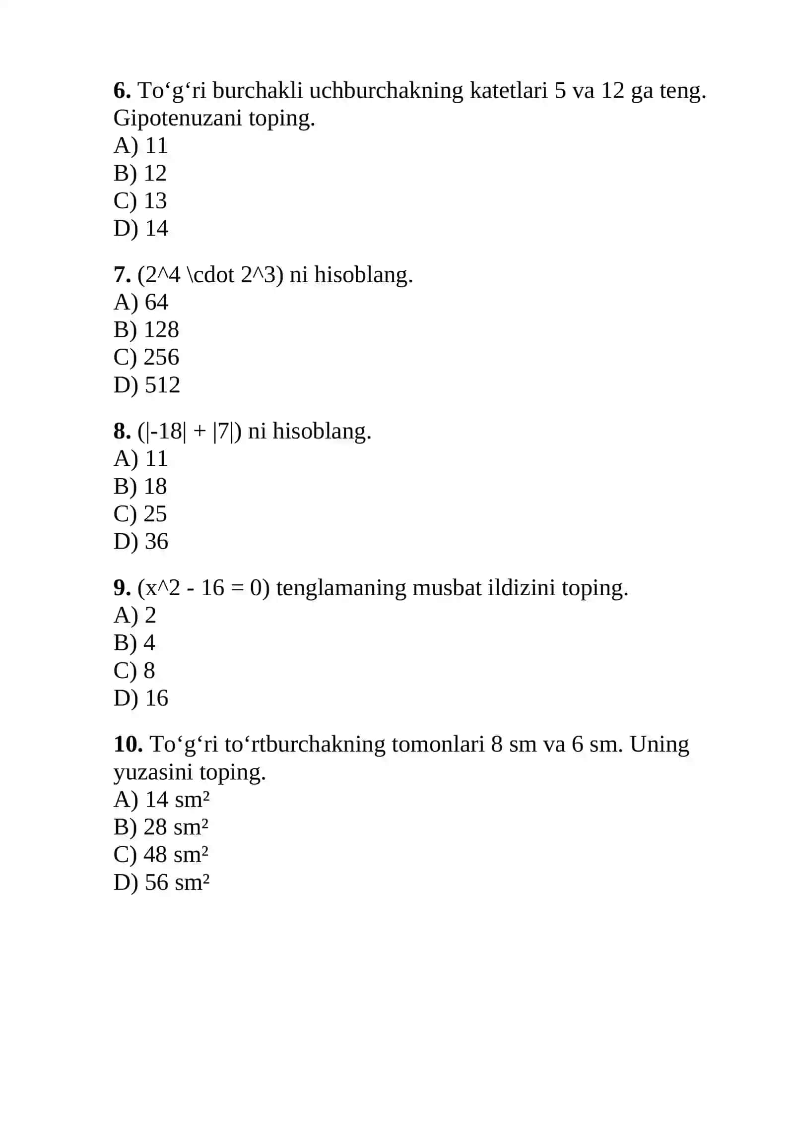 Matematika – 10 ta DTM test 2