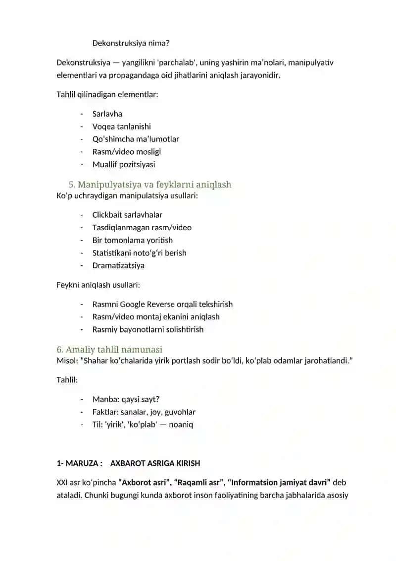 Ma’ruza 3: Yangiliklarni tahlil qilish va dekonstruksiya 2