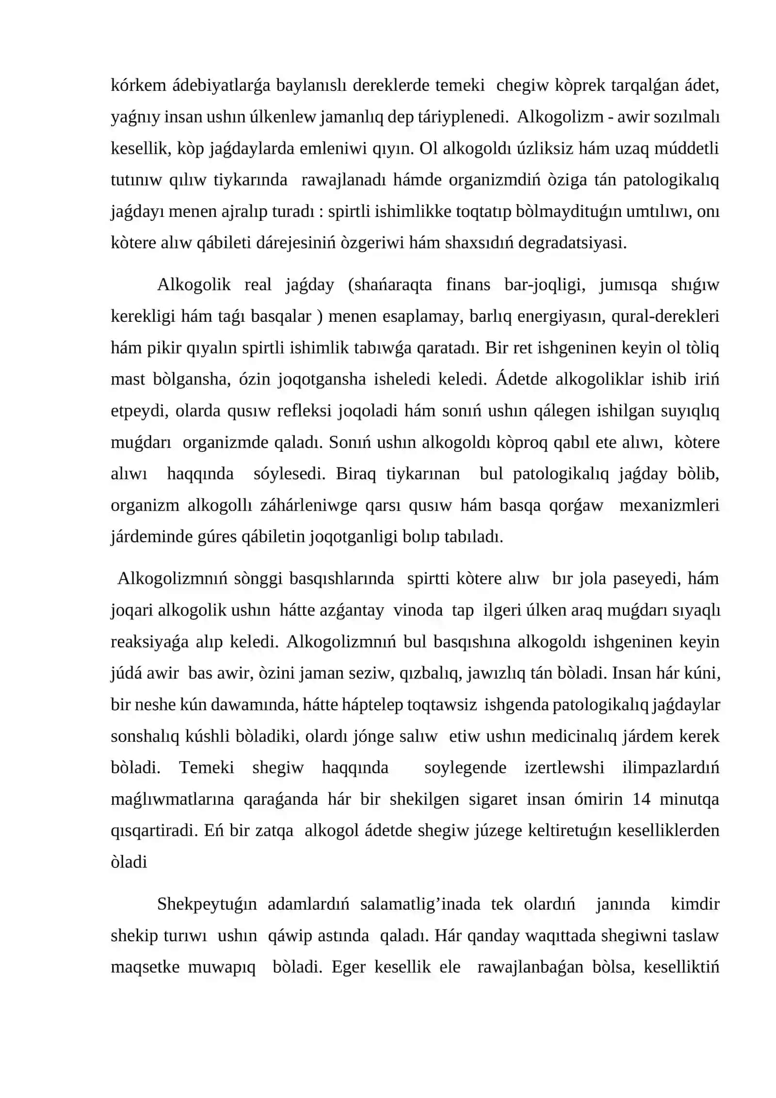 Òzbekstanda alkogol hám náshebentliktıń tarqalıwı 2