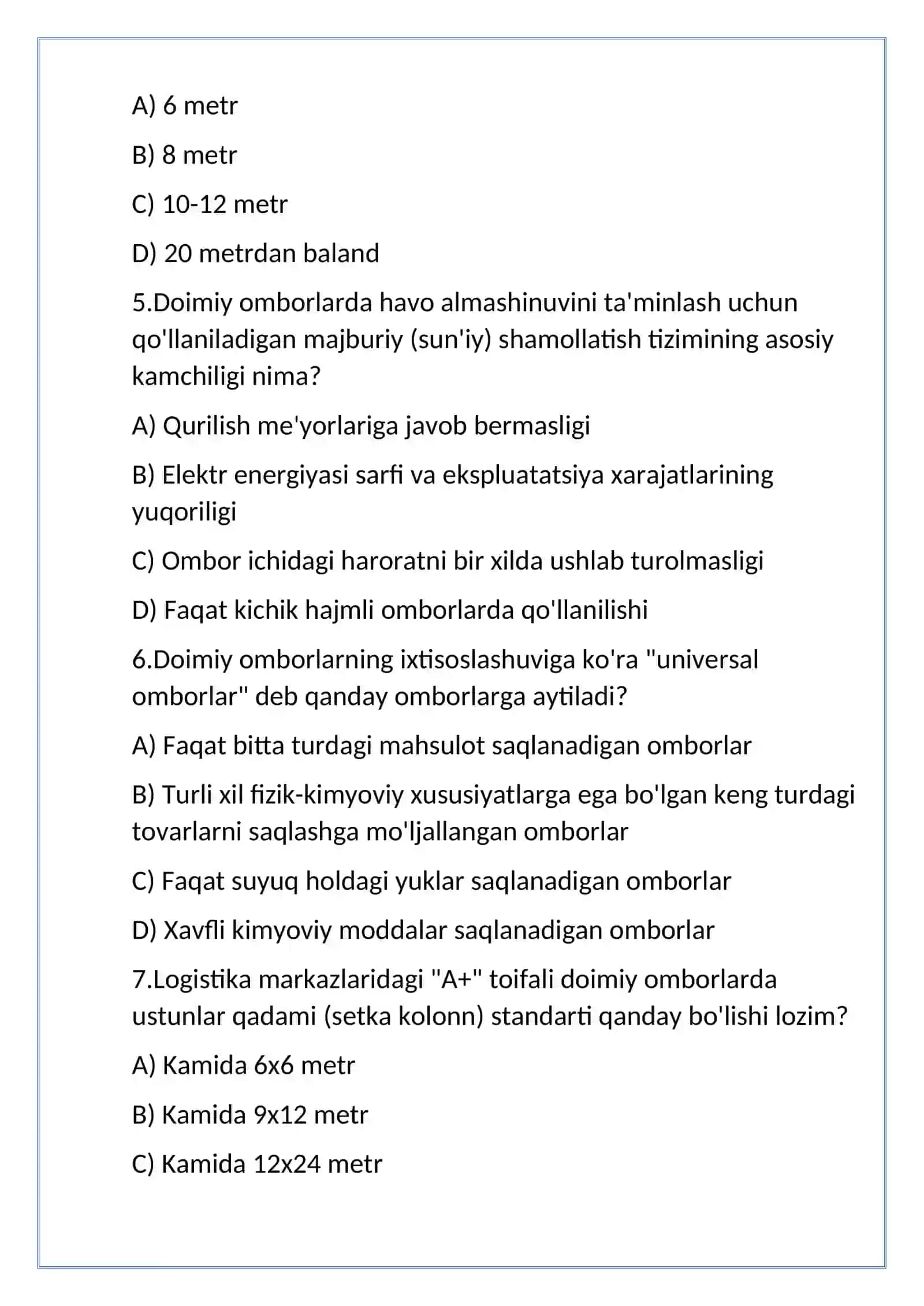doimiy ombor turlari test 50 ta 2