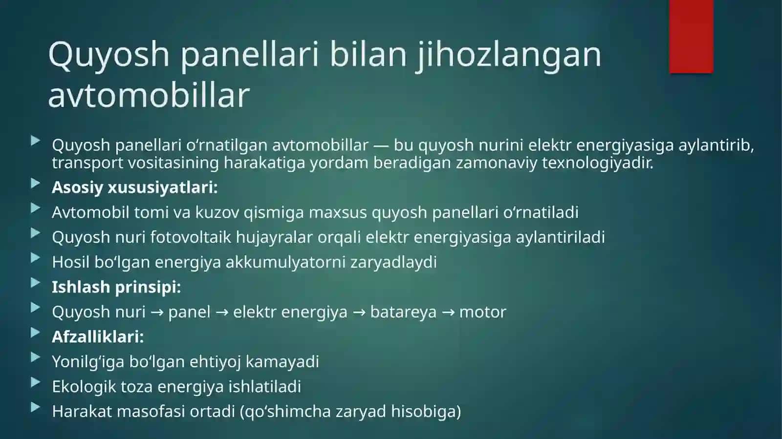 Avtomobilsozlikda quyosh energiyasidan foydalanish 2