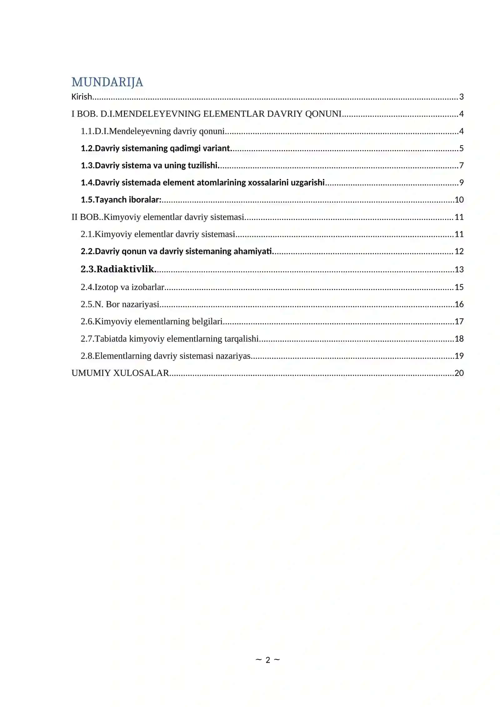 D.I.MENDELEYEVNING ELEMENTLAR DAVRIY QONUNI VA KIMYOVIY ELEMENTLAR DAVRIY SISTEMASI 2