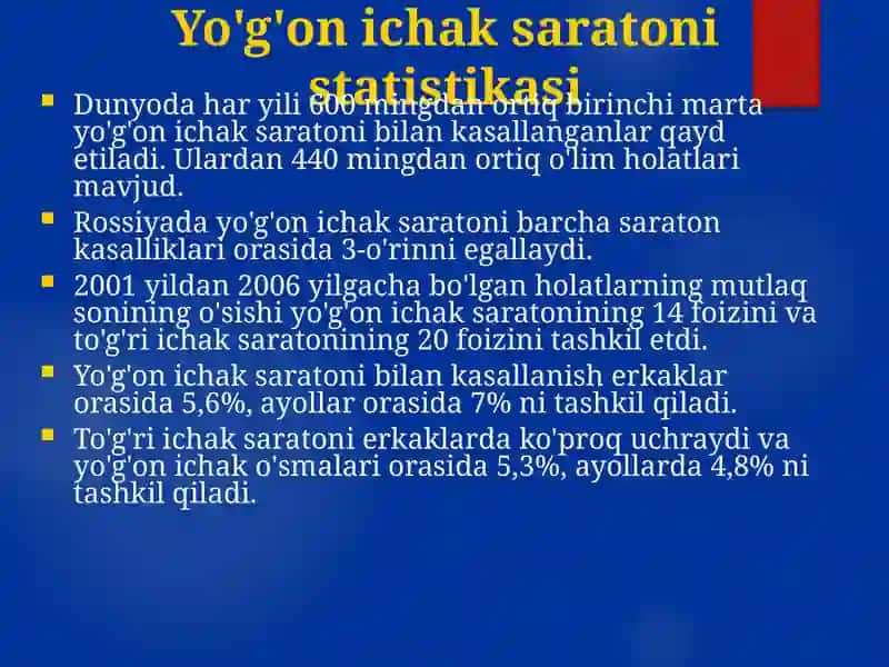 Yo'g'on ichak saratoni statistikasi 2