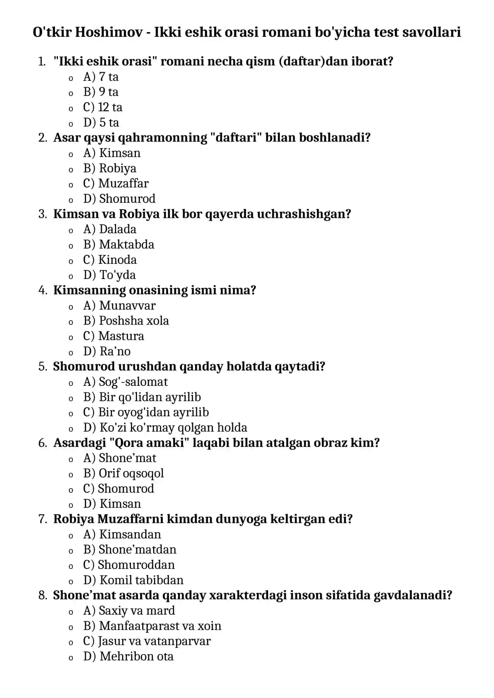 O'tkir Hoshimov - Ikki eshik orasi romani bo'yicha test savollari 2