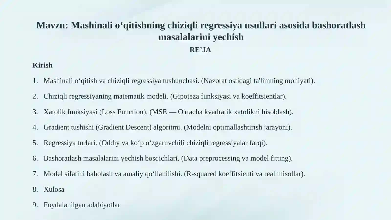 Mashinali o‘qitishning chiziqli regressiya usullari asosida bashoratlash masalalarini yechish. 2