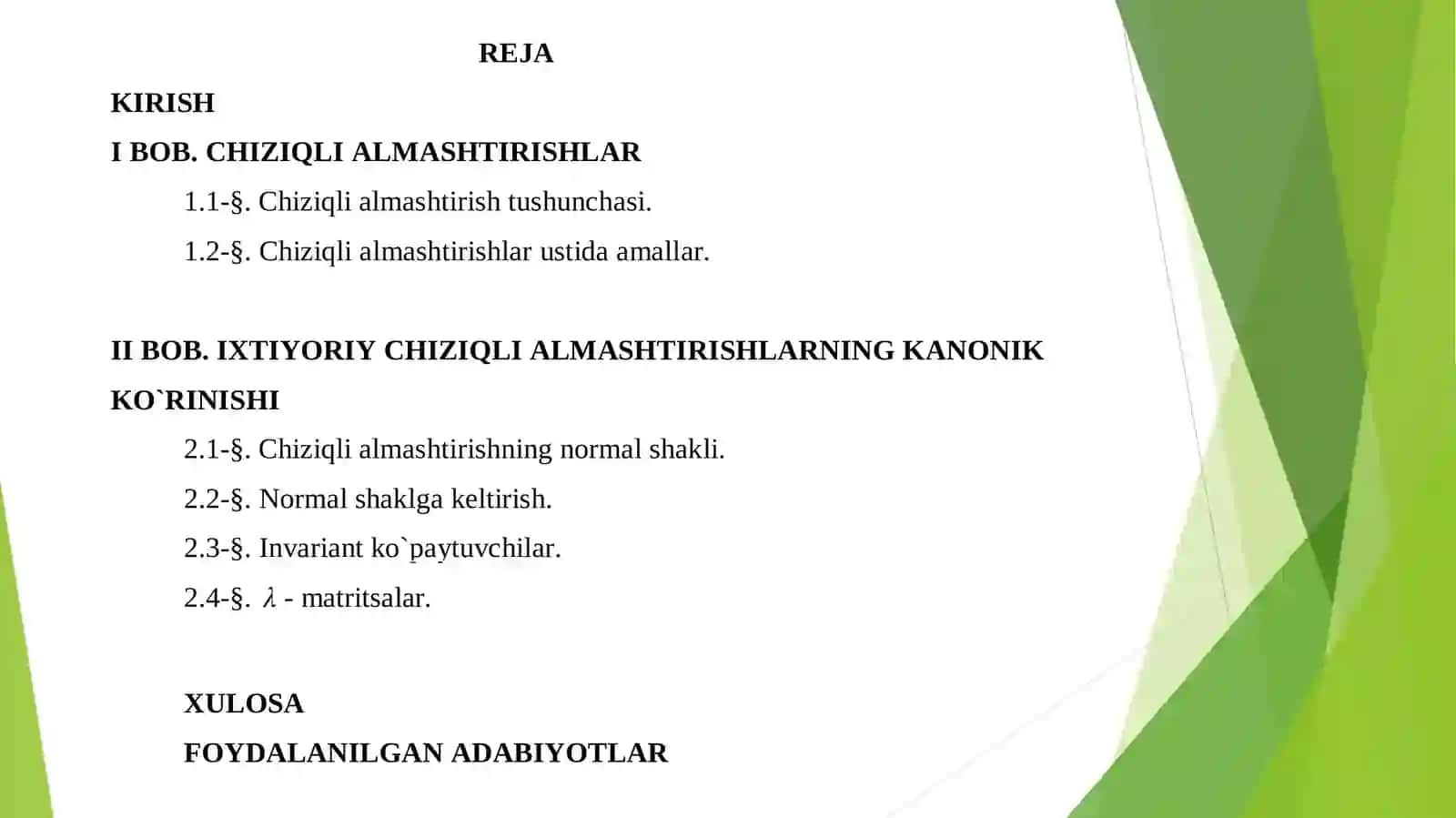 Chiziqli almashtirishlarning normal shakllari 2