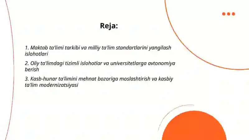 Oʻzbekiston Respublikasida talim sohasida amalga oshirilgan islohotlar 2