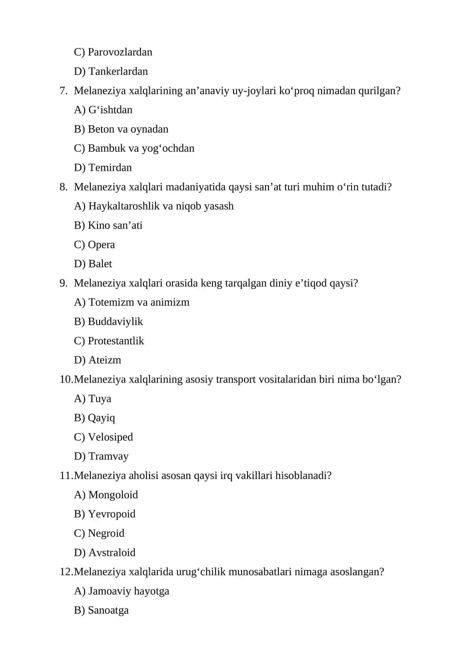 Melaneziya xalqlari xoʻjaligi va madaniyati test 2