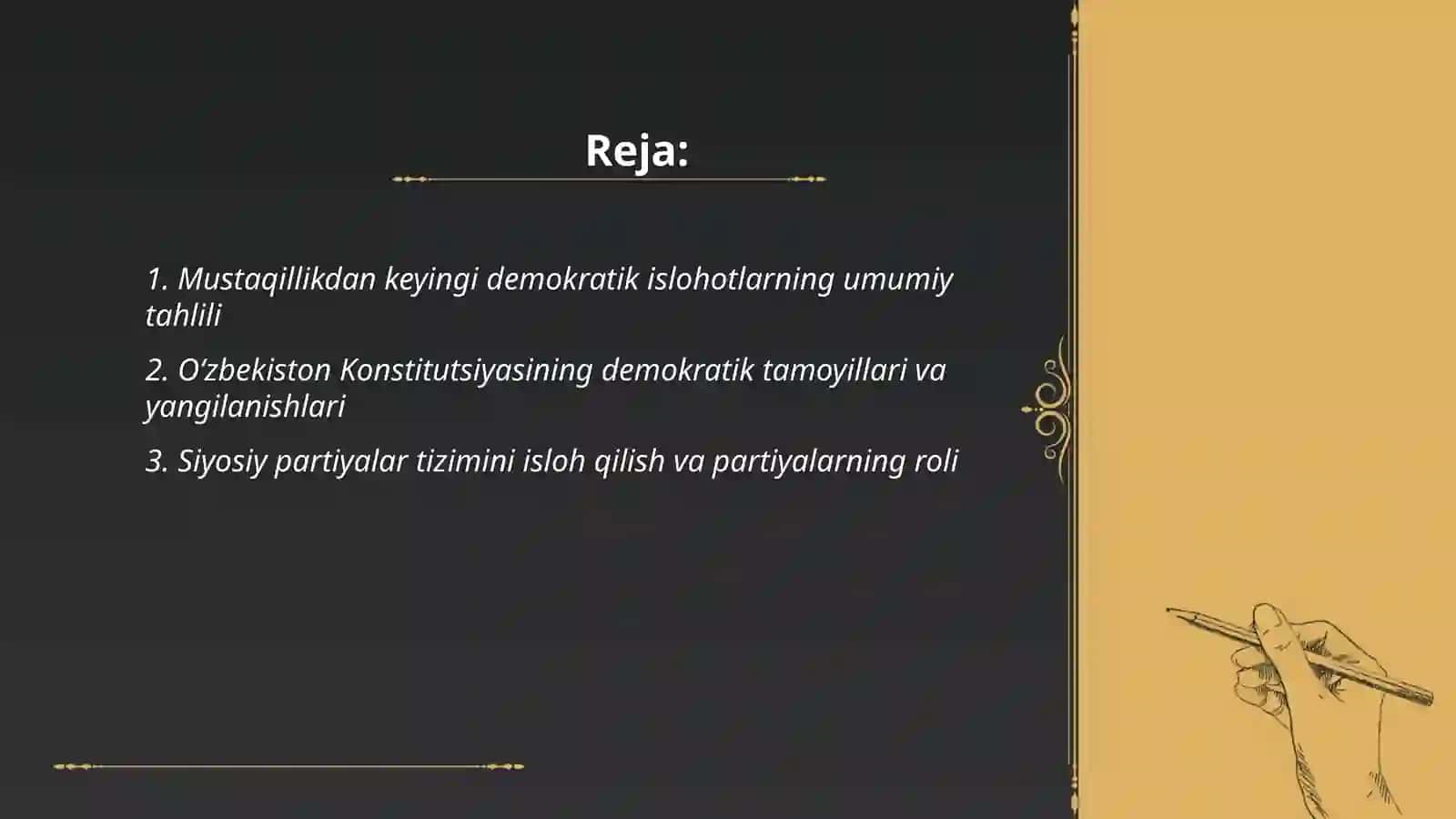 O'zbekistonda demokratik,fuqarolik jamiyati asoslarining shakllanishi,amalga oshirigan siyosiy islohotlar 2