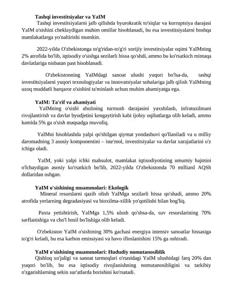Yalpi milliy mahsulot va Oʻzbekistonda uni koʻpaytirish muammolari 2