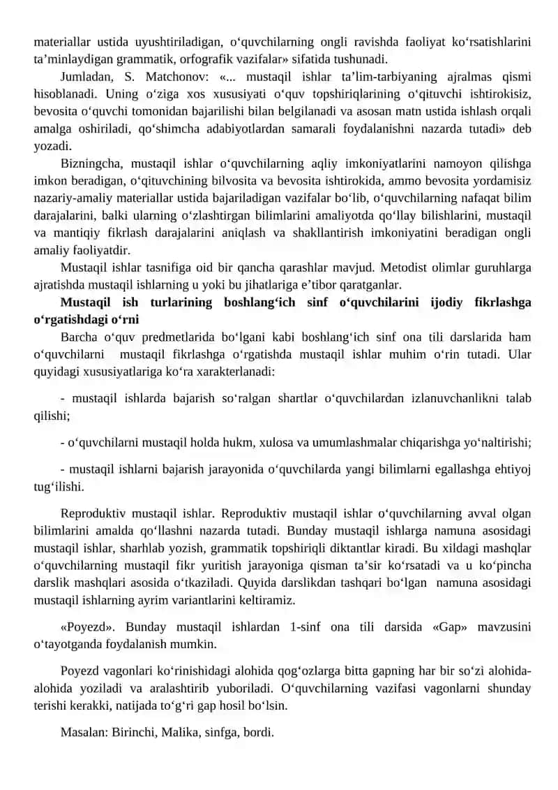 Boshlang‘ich sinf o‘quvchilarini ijodiy fikrlashga o‘rgatishda mustaqil ishlarning o’rni . 2