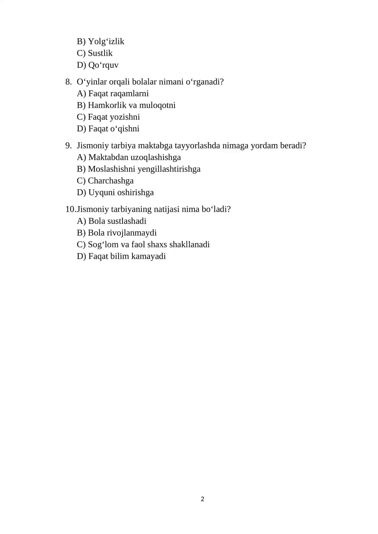 Jismoniy Tarbiya Test Savoli 2