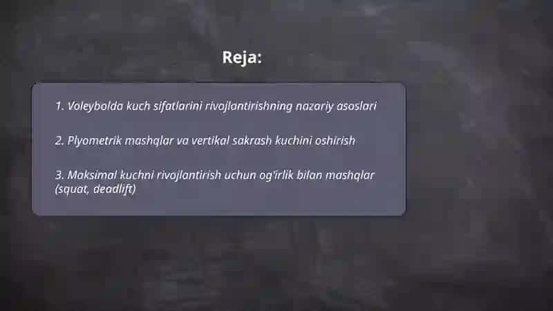 Voleybolda maxsus jismoniy tayyorgarlik (kuch sifatlarini rivojlantirish) 2