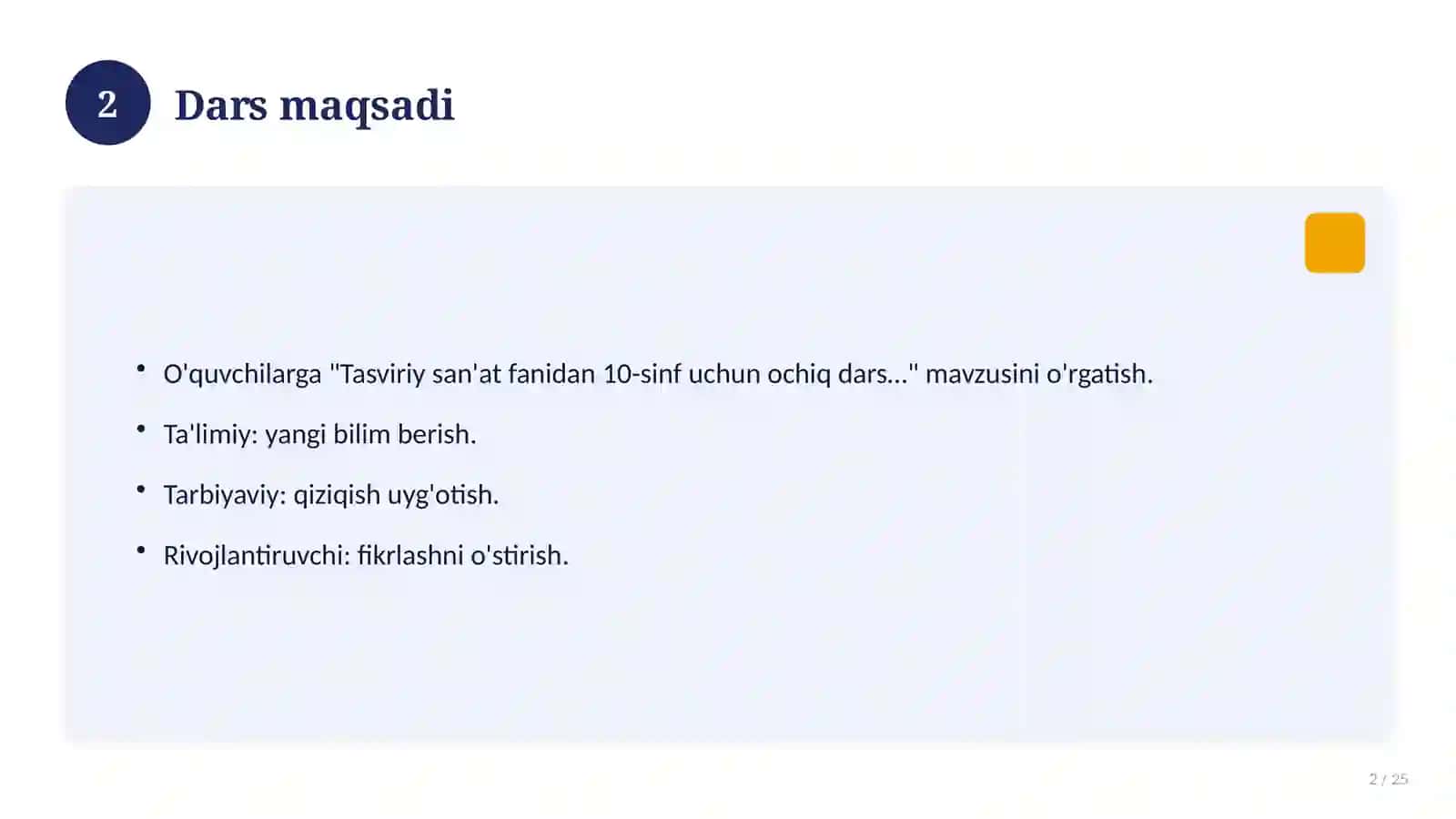 Tasviriy san'at fanidan 10-sinf uchun ochiq dars ishlanmasi 2