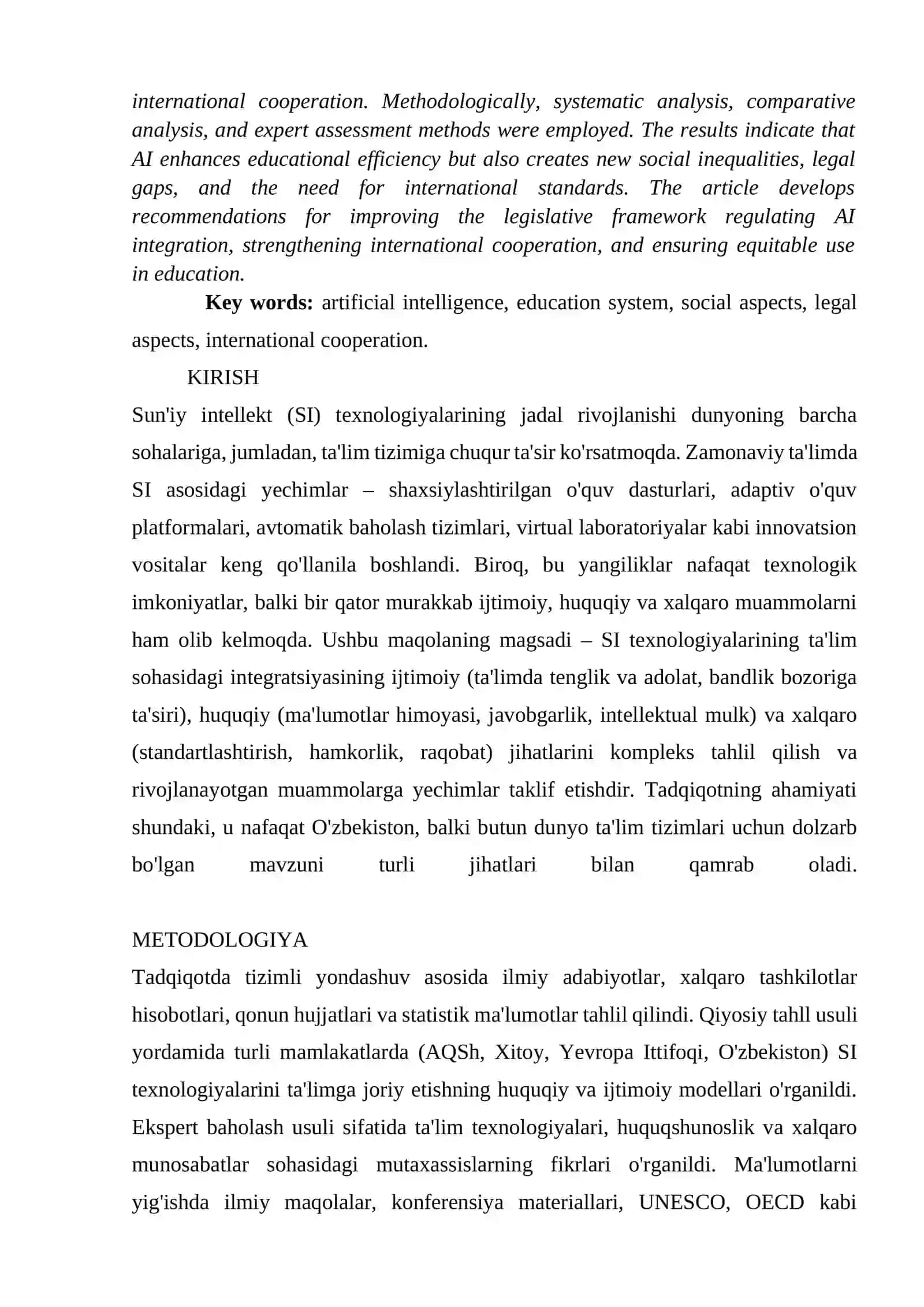 SUN'IY INTELLEKT DAVRIDAGI TA'LIM TIZIMI:IJTIMOIY, HUQUQIY VA XALQARO JIHATLAR 2