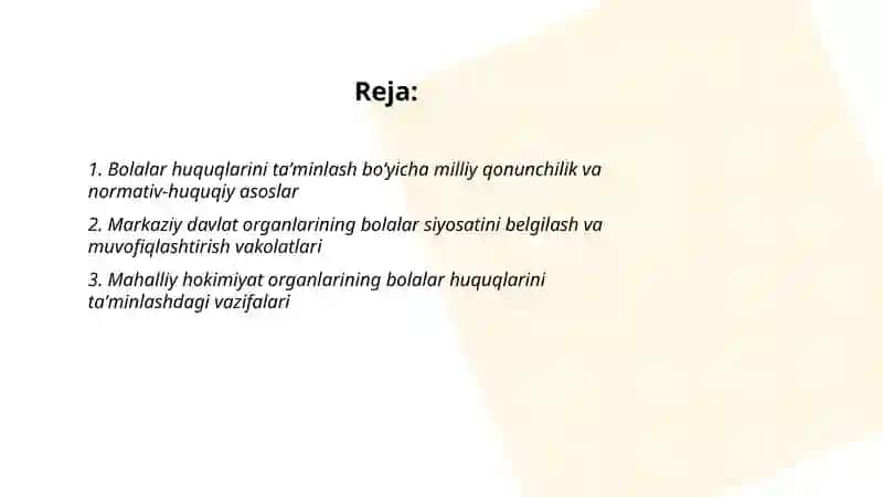 Davlat hokimiyati va boshqaruvi organlarining bola huquqlarini taminlash bo'yicha vakolatlari 2