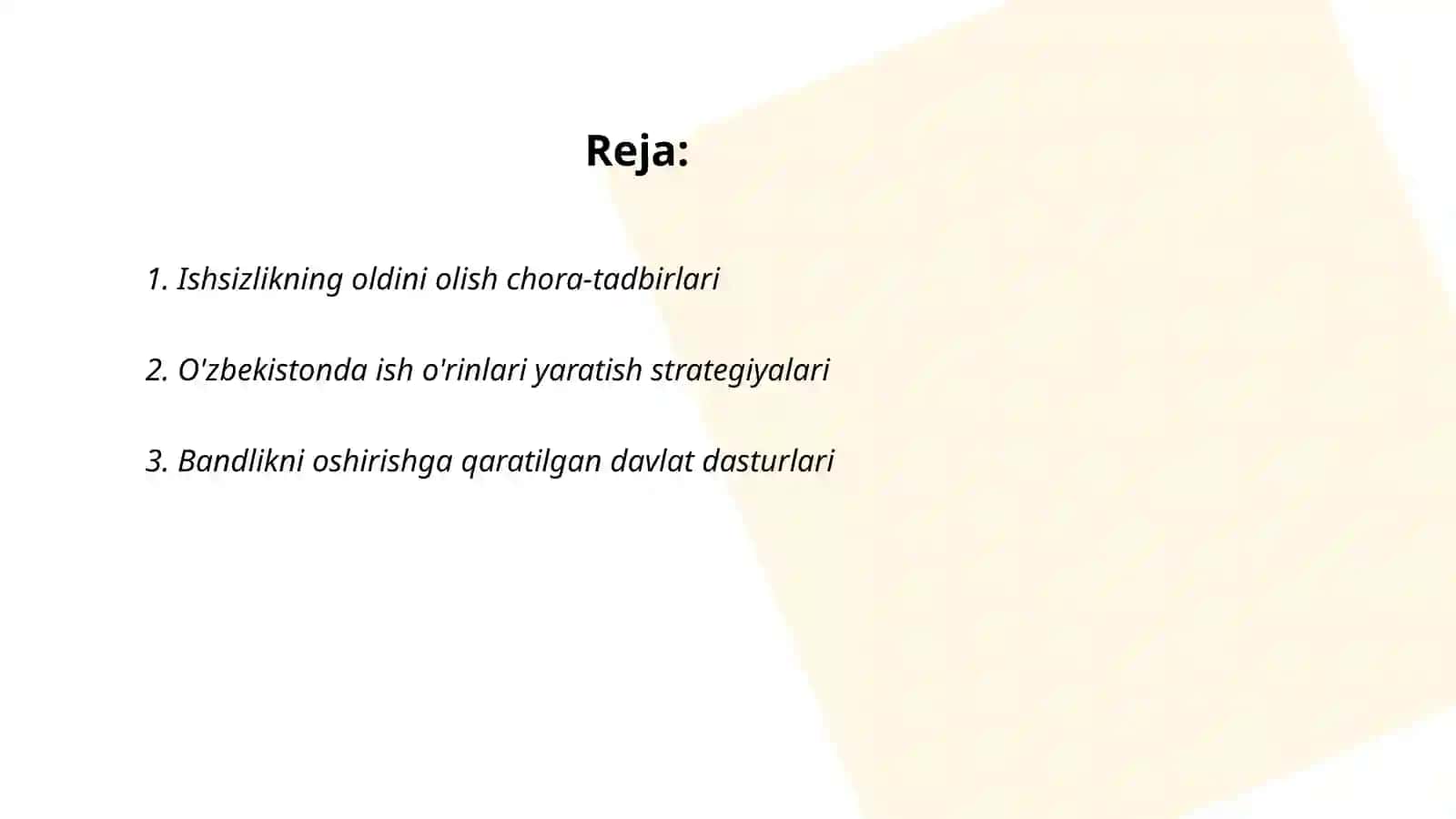 Ishsizlikning oldini olish, inflyatsiya va antinflyatsion siyosat bo‘yicha davlatiimizda olib borilayotgan islohotlarni tahlil qilish 2