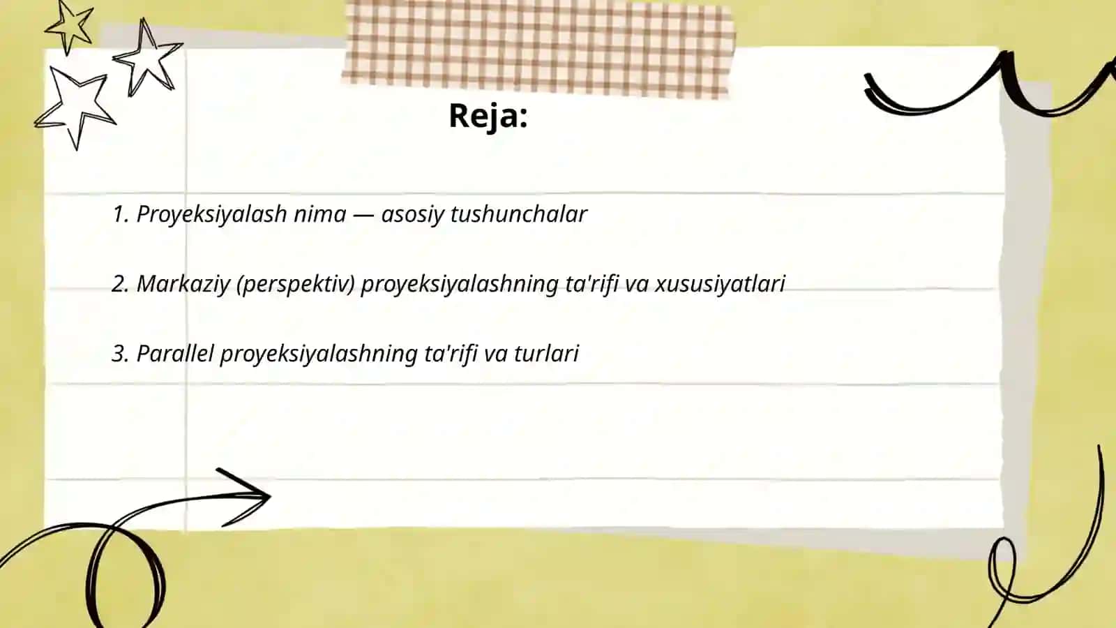 Proyeksiyalash usullari. Markaziy va parallel proyeksiyalash. Oktant va epyur haqida umumiy tushuncha 2