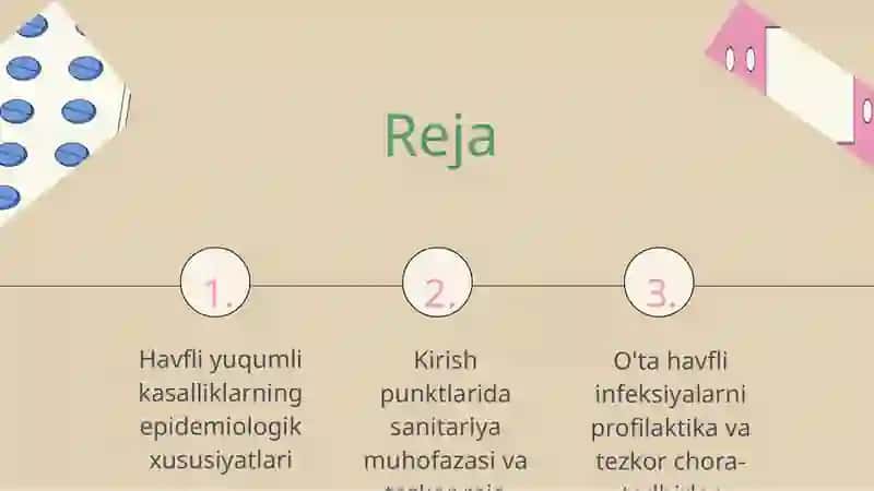 O'zbekiston respublikasi hududlarini karantin va o'ta havfli yuqumli kasalliklarni  chet ellardan olib kiritilishidan sanitariya muxofazalash. O'ta havfli karantin infeksiyalarning epidemiologiya va profilaktikasi ( QKGI, vabo, o'lat, kuydirgi ). Kirish punktlarida sog'liqni saqlash saqlash sohasida faqulodda vaziyatlar rejasi namunasiga kirish va yo'riqnoma 2