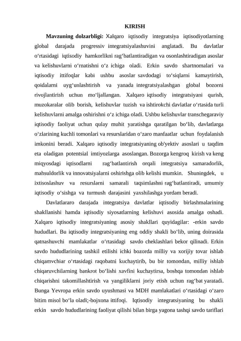 XALQARO IQTISODIY INTEGRATSIYA VA O’ZBEKISTONNING JAHON HAMJAMIYATIGA KIRIB BORISHI 2