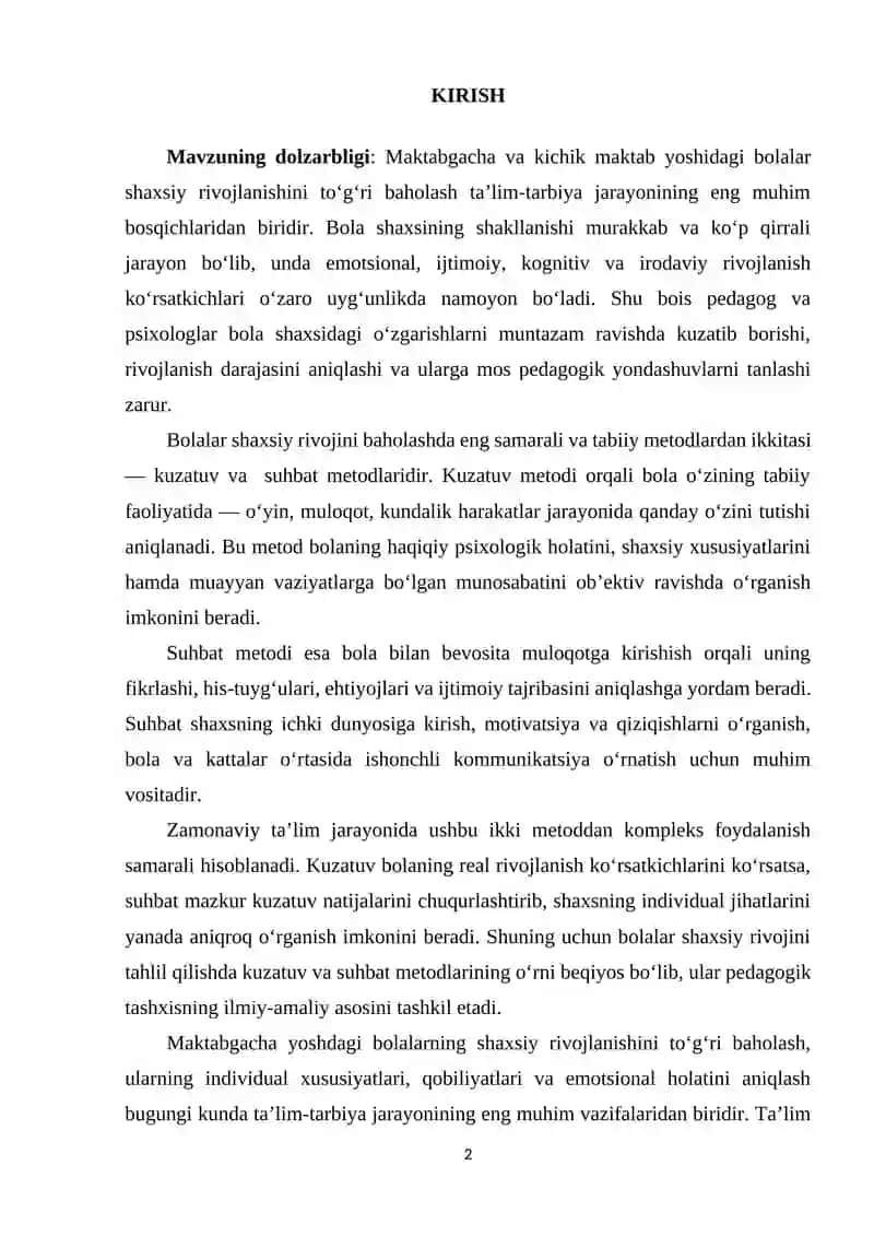 BOLALAR SHAXSIY RIVOJINI KUZATISHDA KUZATUV VA SUHBAT METODLARI KURS ISHI 2