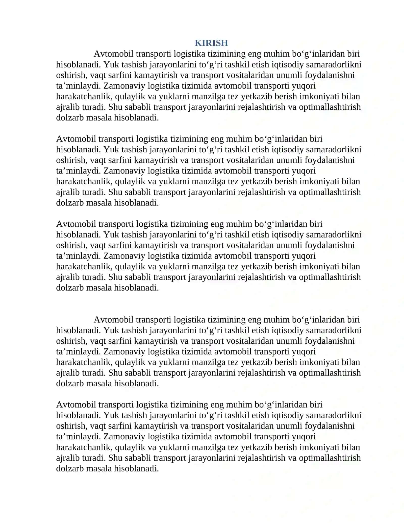 AVTOMOBIL TRANSPORTIDA YUKLARNI TASHISHNI TASHKIL ETISH KURS LOYIHASI 2