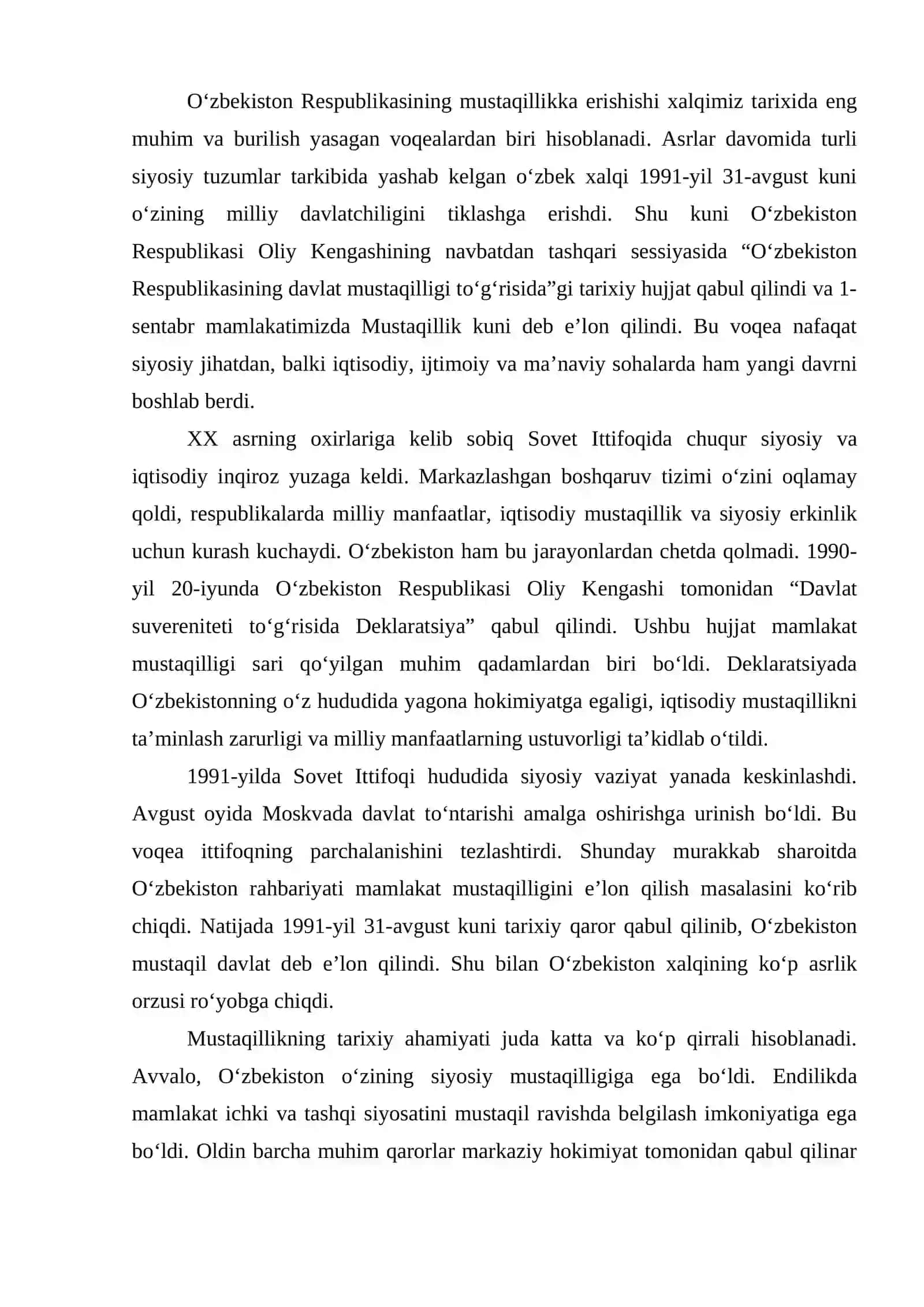 MUSTAQIL O‘ZBEKISTON RESPUBLIKASI TASHKIL TOPISHINING TARIXIY AHAMIYATI 2