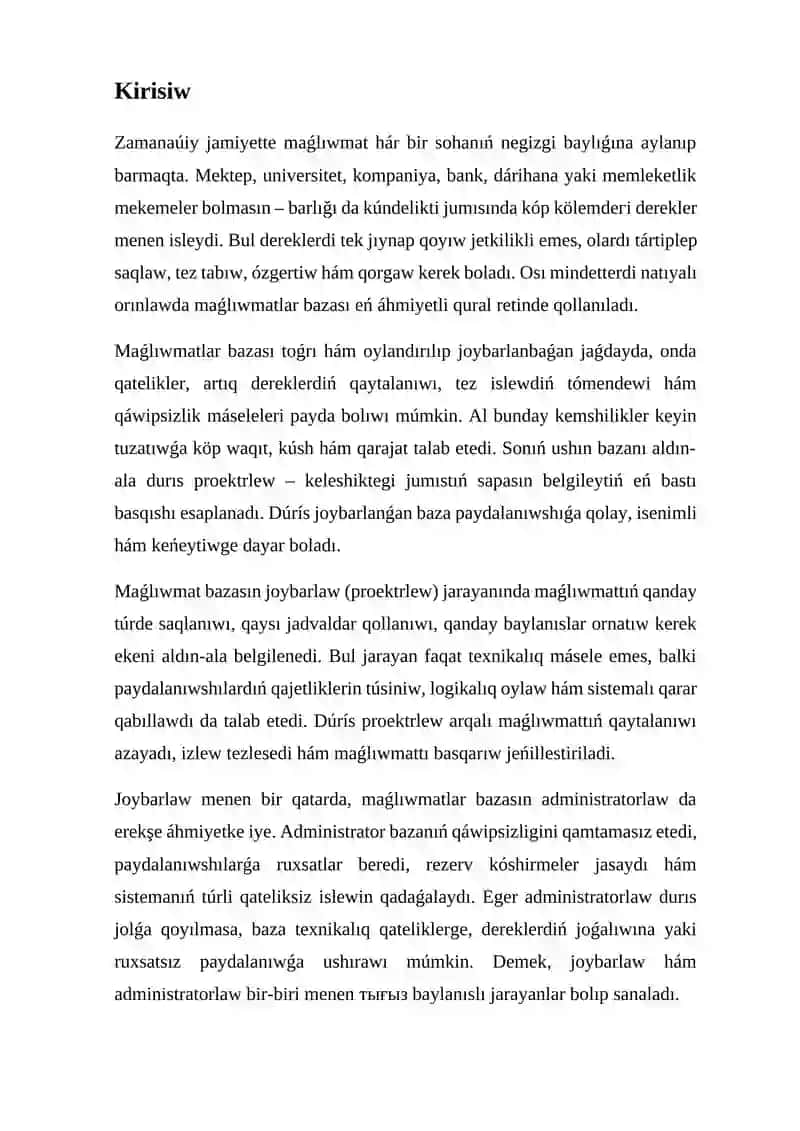 Maǵlıwmatlar bazasın joybarlaw (proektrlеw) hám administratorlaw 2