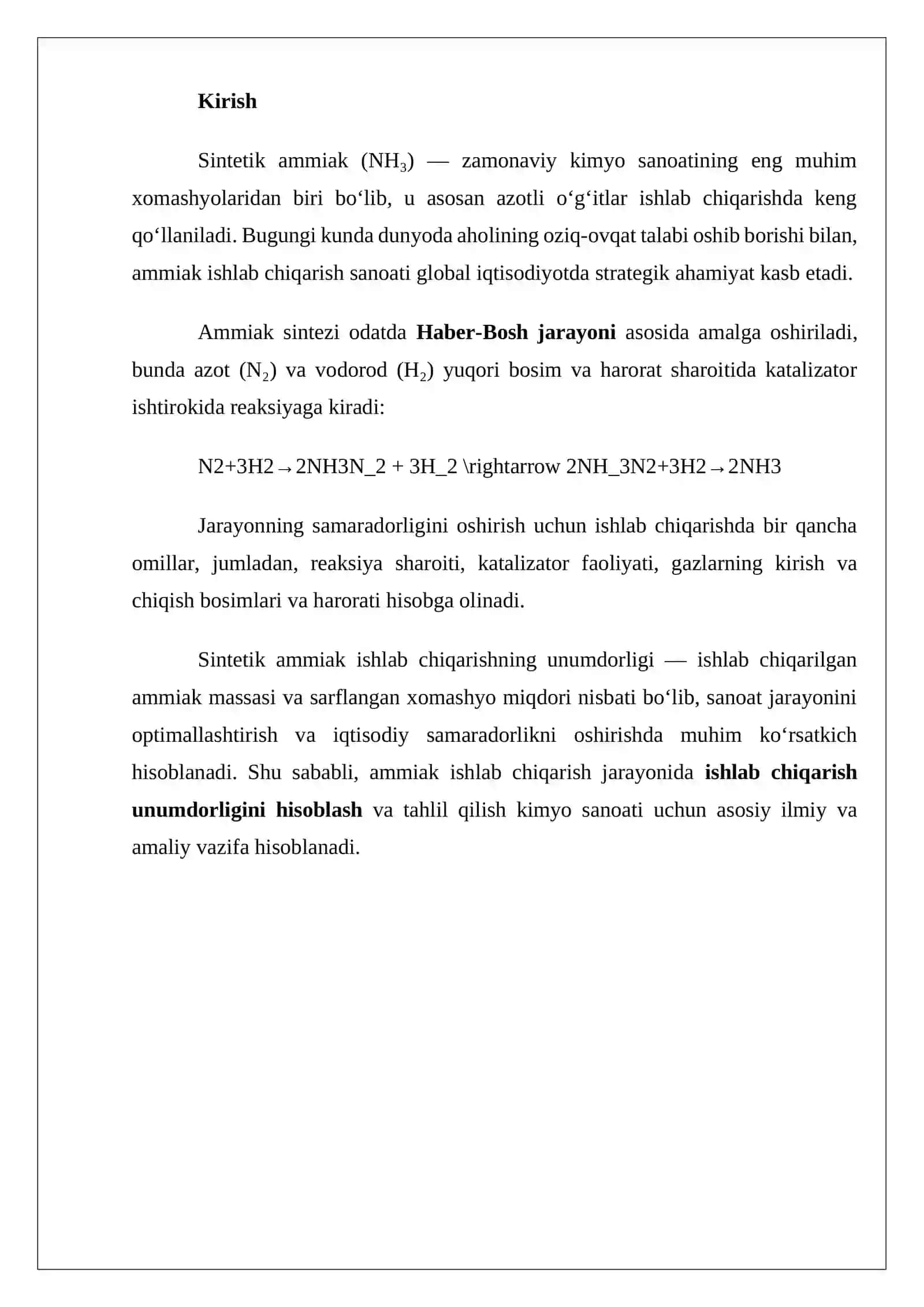 Sintetik ammiak ishlab chiqarish unumdorlik hisoblari 2