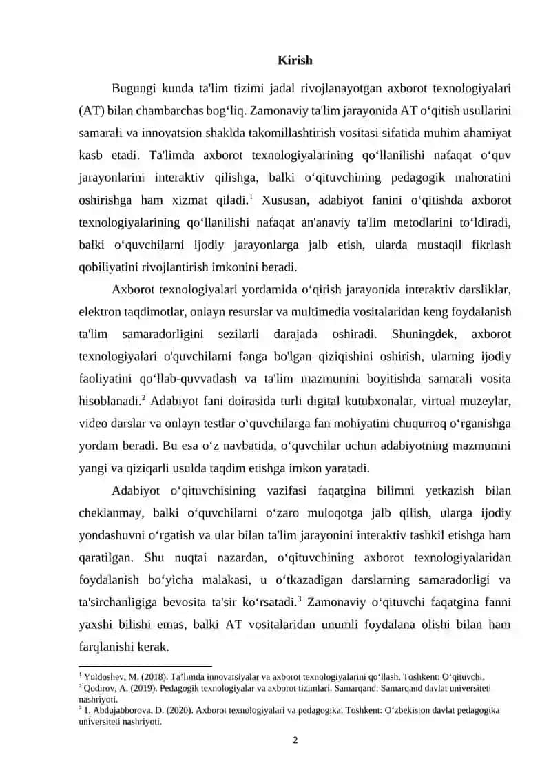 Adabiyot fanini òqitishda axborot texnologiyalaridan foydalanish pedagogik mahoratni oshirish omili 2