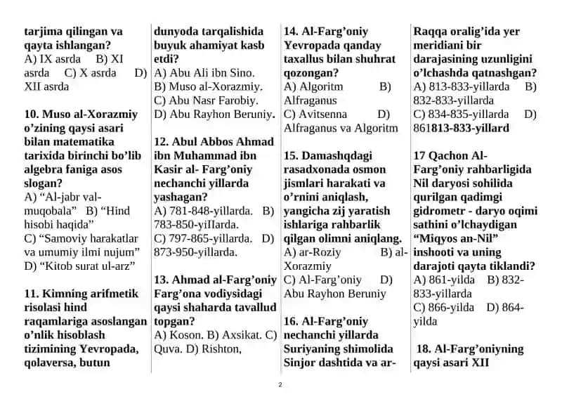 O'zbekiston tarixi fanidan tuzilgan test 2