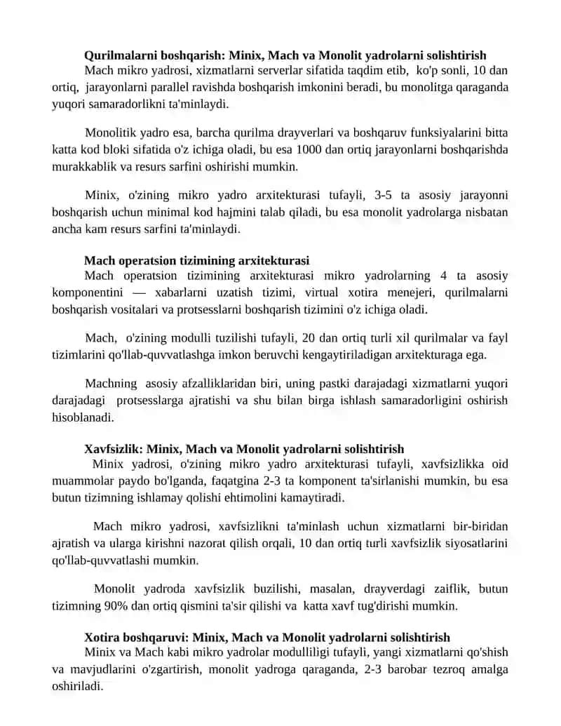 Mikrovadro va monolitik yadro taqqoslanishi - Minix, Mach va monolit yadrolarning farqlari 2