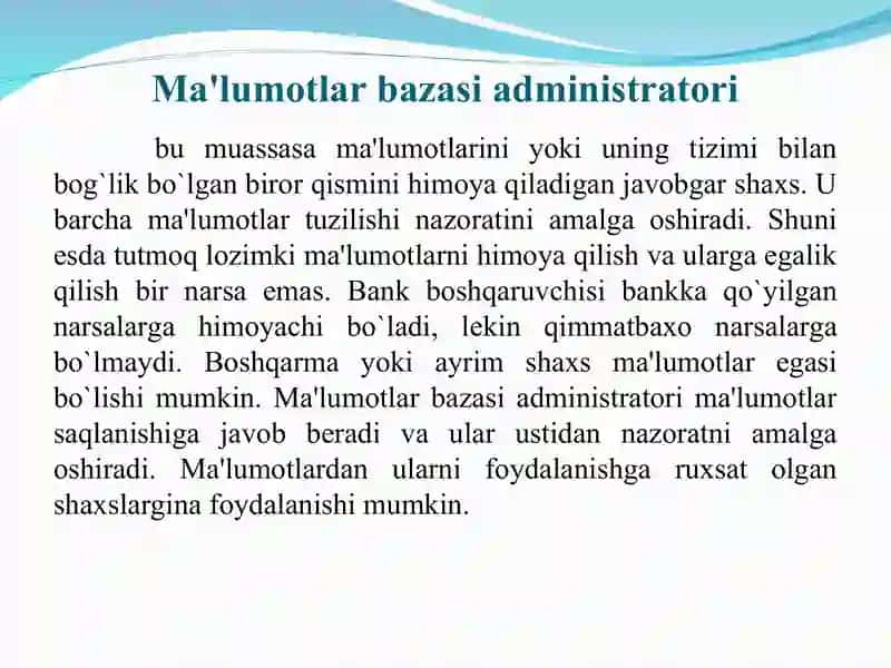 Ma`lumotlar bazasini administratorlash va xavfsizligini ta`minlash 2