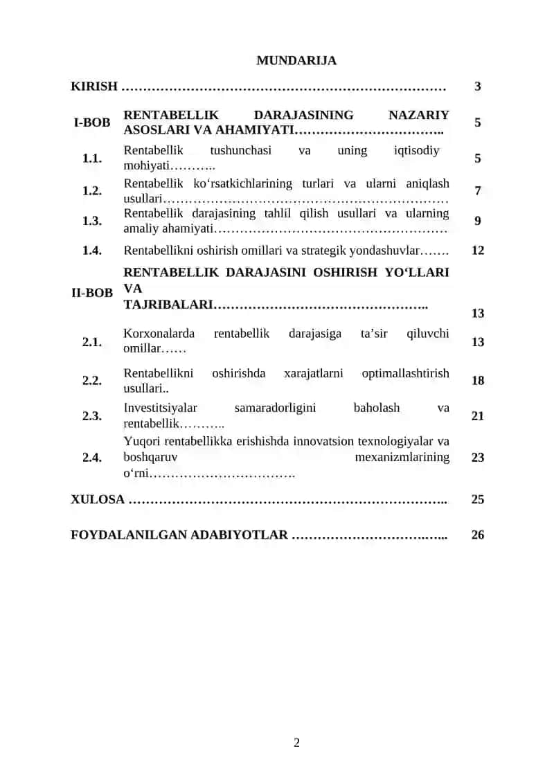 "RENTABELLIK DARAJASI" MAVZUSIDA YOZGAN KURS ISHI 2