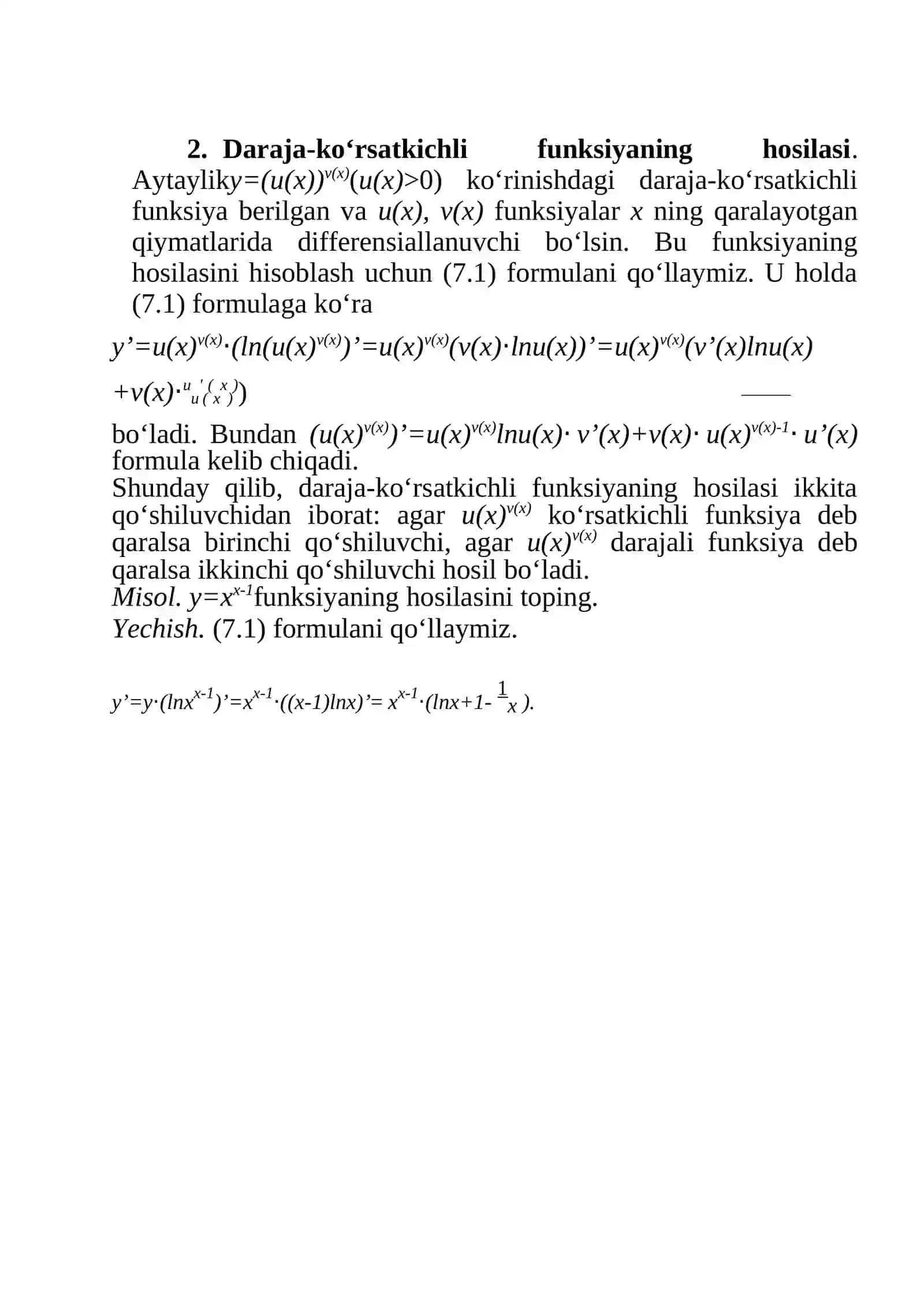 Logarifmik hosila. Daraja-ko‘rsatkichli funksiyaning hosilasi 2