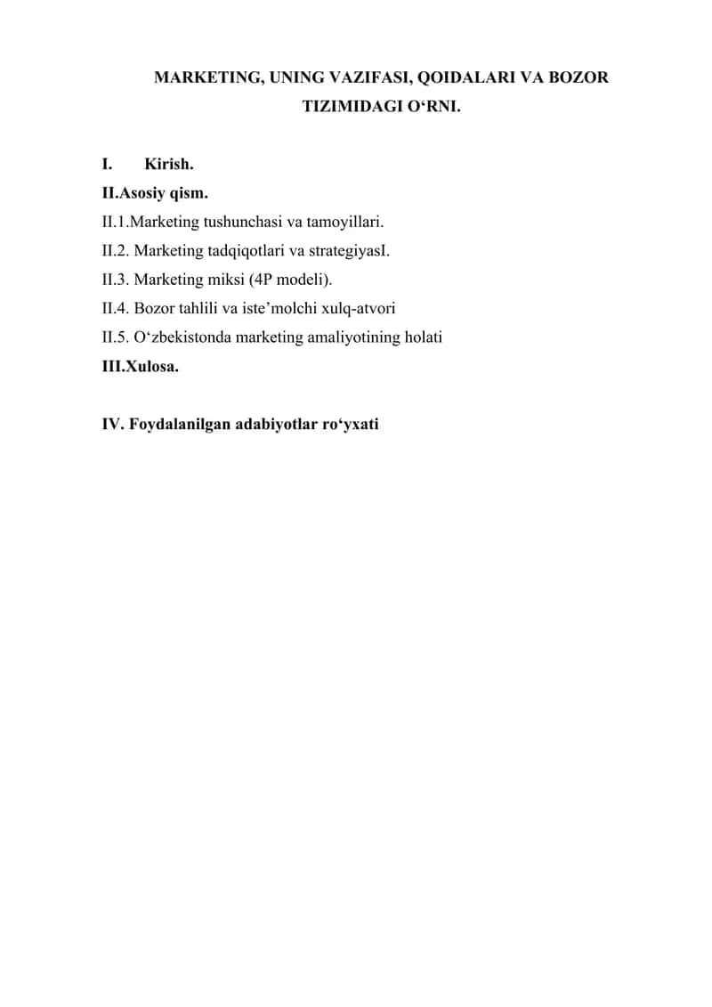 MARKETING, UNING VAZIFASI, QOIDALARI VA BOZOR TIZIMIDAGI O‘RNI 2